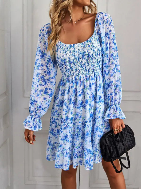 Bohemian print stretch elastic square neck long-sleeved dress kakaclo