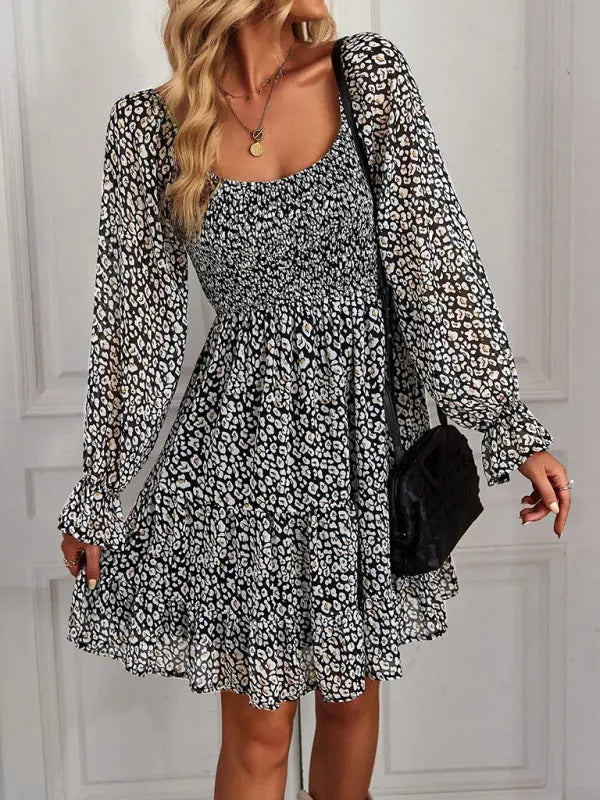 Bohemian print stretch elastic square neck long-sleeved dress kakaclo