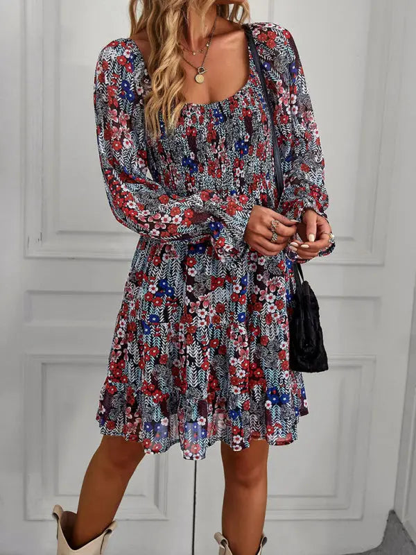 Bohemian print stretch elastic square neck long-sleeved dress kakaclo