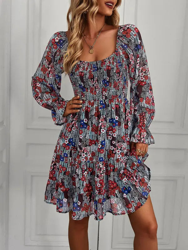 Bohemian print stretch elastic square neck long-sleeved dress kakaclo