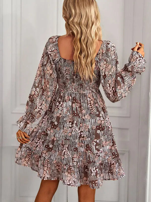 Bohemian print stretch elastic square neck long-sleeved dress kakaclo