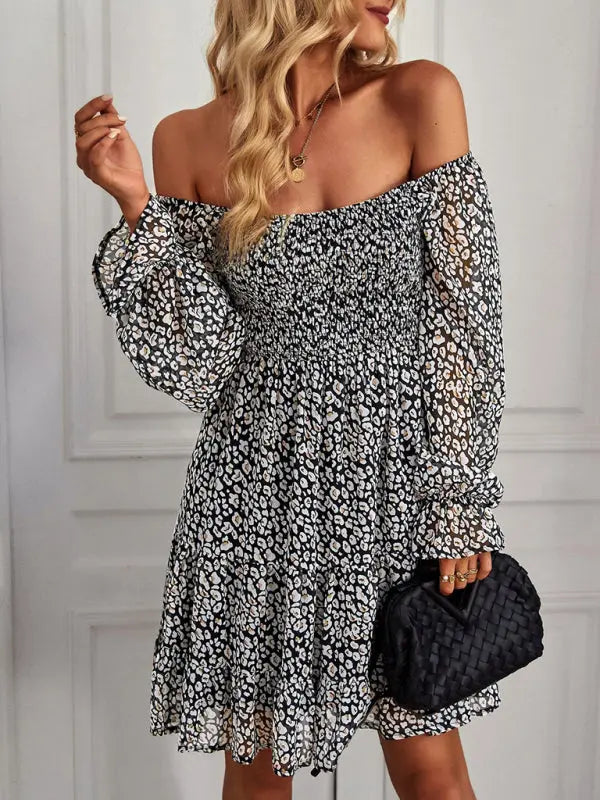 Bohemian print stretch elastic square neck long-sleeved dress kakaclo