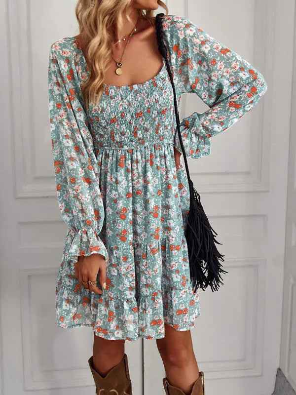 Bohemian print stretch elastic square neck long-sleeved dress kakaclo