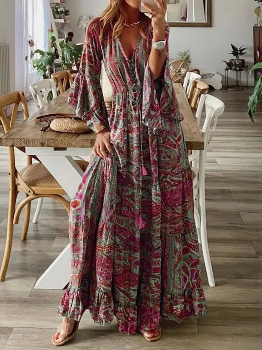 Bohemian style trumpet sleeve printed V-neck high waist holiday dress floral female long skirt BLUE ZONE PLANET
