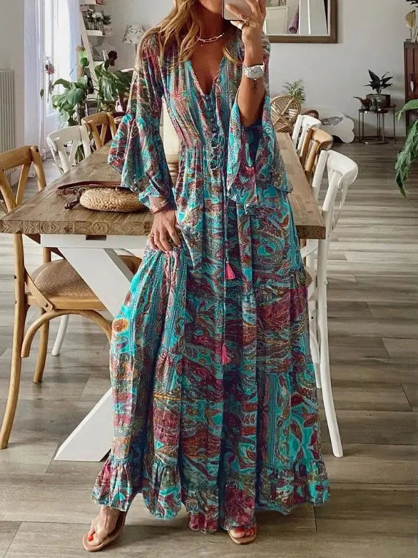 Bohemian style trumpet sleeve printed V-neck high waist holiday dress floral female long skirt BLUE ZONE PLANET