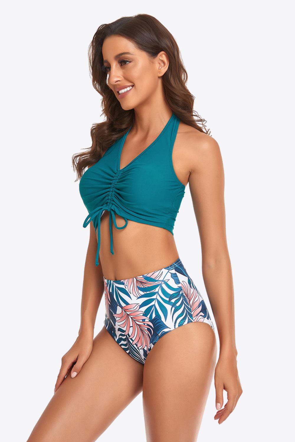 Botanical Print Halter Neck Drawstring Detail Bikini Set BLUE ZONE PLANET