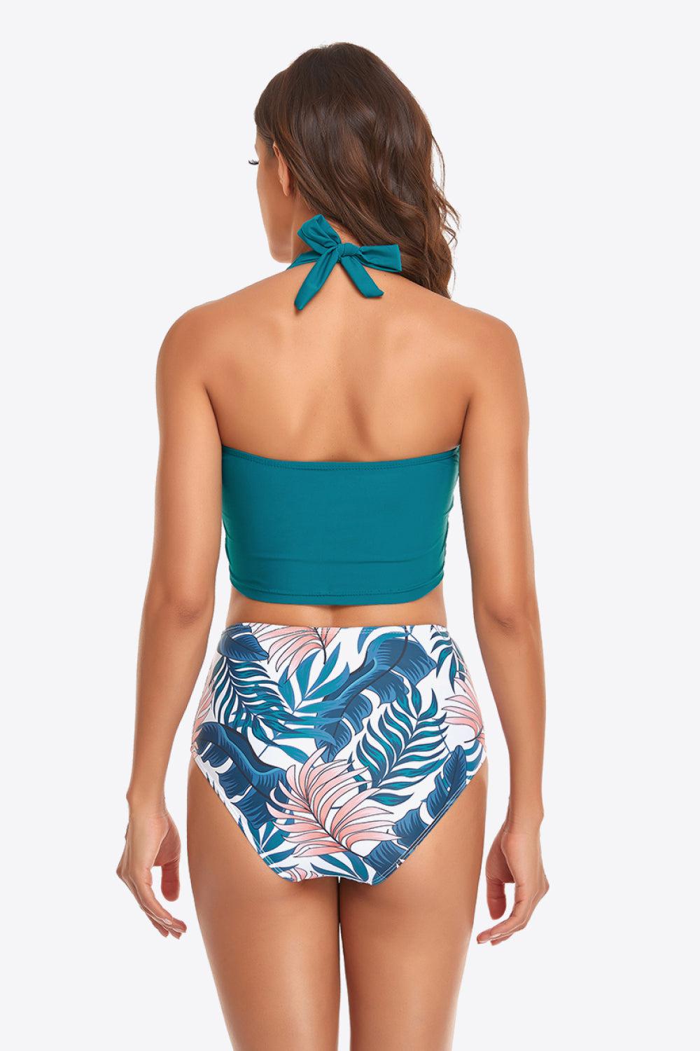 Botanical Print Halter Neck Drawstring Detail Bikini Set BLUE ZONE PLANET