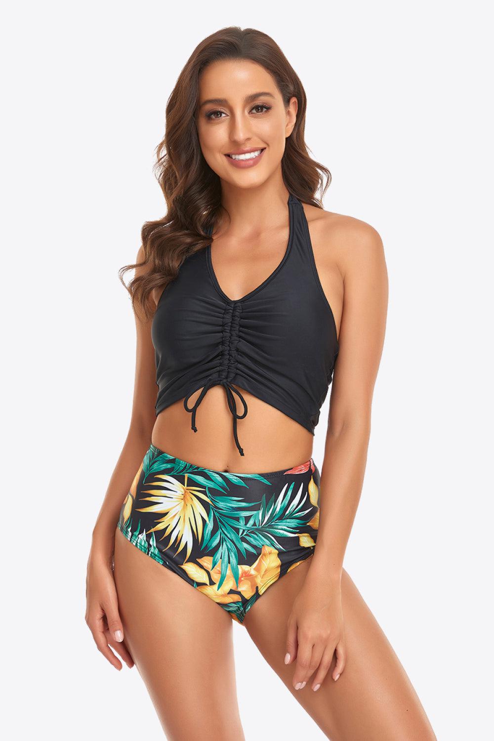 Botanical Print Halter Neck Drawstring Detail Bikini Set BLUE ZONE PLANET