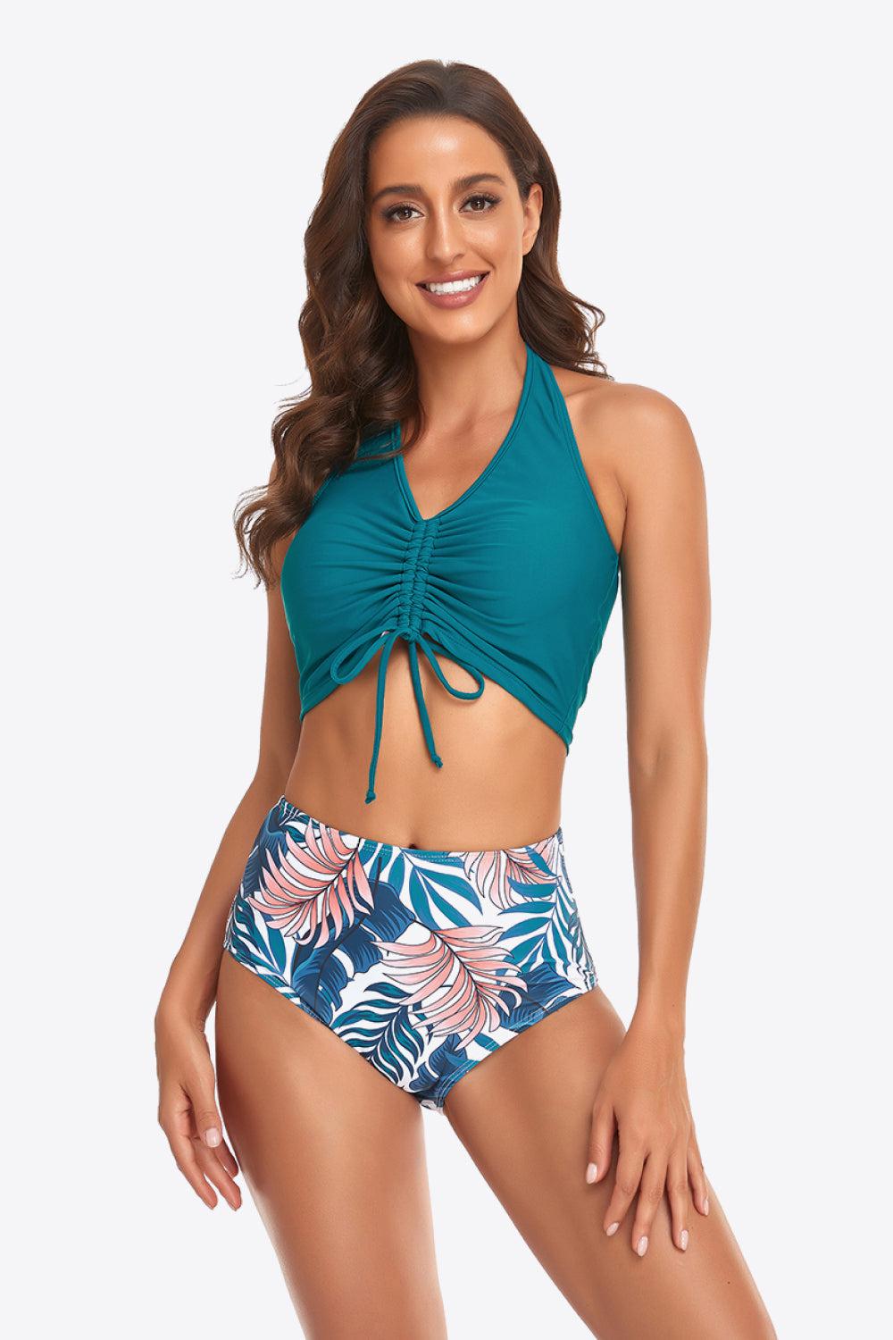 Botanical Print Halter Neck Drawstring Detail Bikini Set BLUE ZONE PLANET