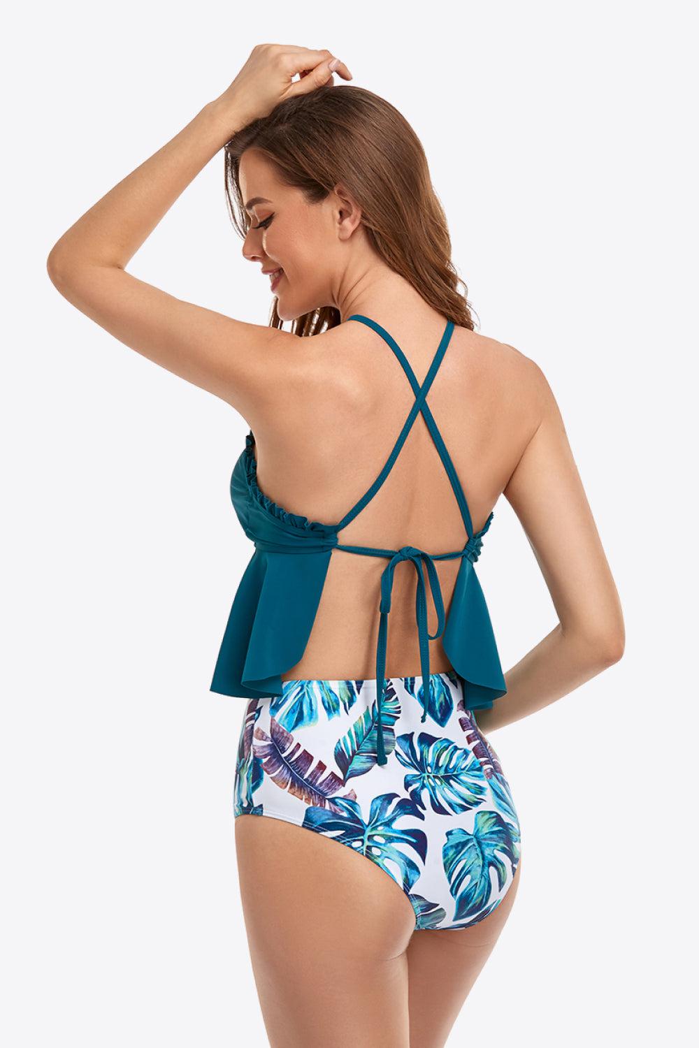 Botanical Print Ruffled Halter Neck Two-Piece Swimsuit BLUE ZONE PLANET