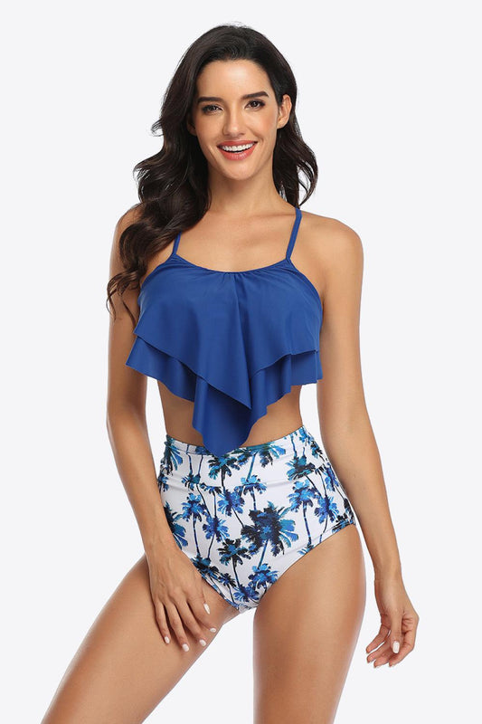 Botanical Print Ruffled Two-Piece Swimsuit BLUE ZONE PLANET