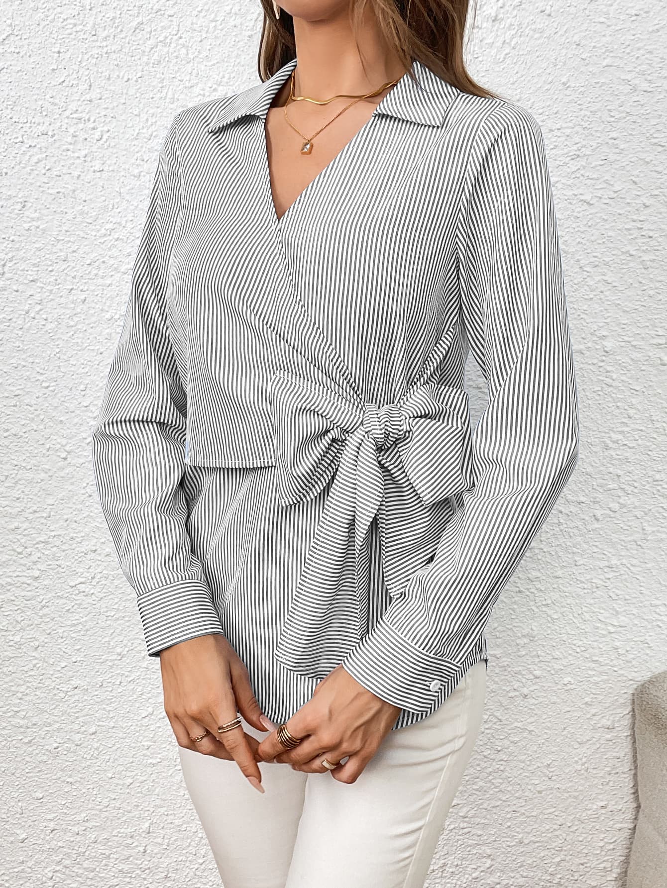 Bow Tie Waist Johnny Collar Neck Striped Blouse BLUE ZONE PLANET