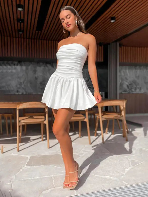 solid color mini dresses Solid Color V-neck Lace Trim Slim-fit Mini Dress