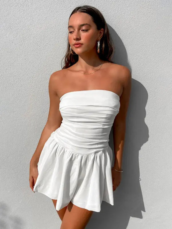 strapless pleated mini dress White Strapless Pleated Mini Izel Dress XL