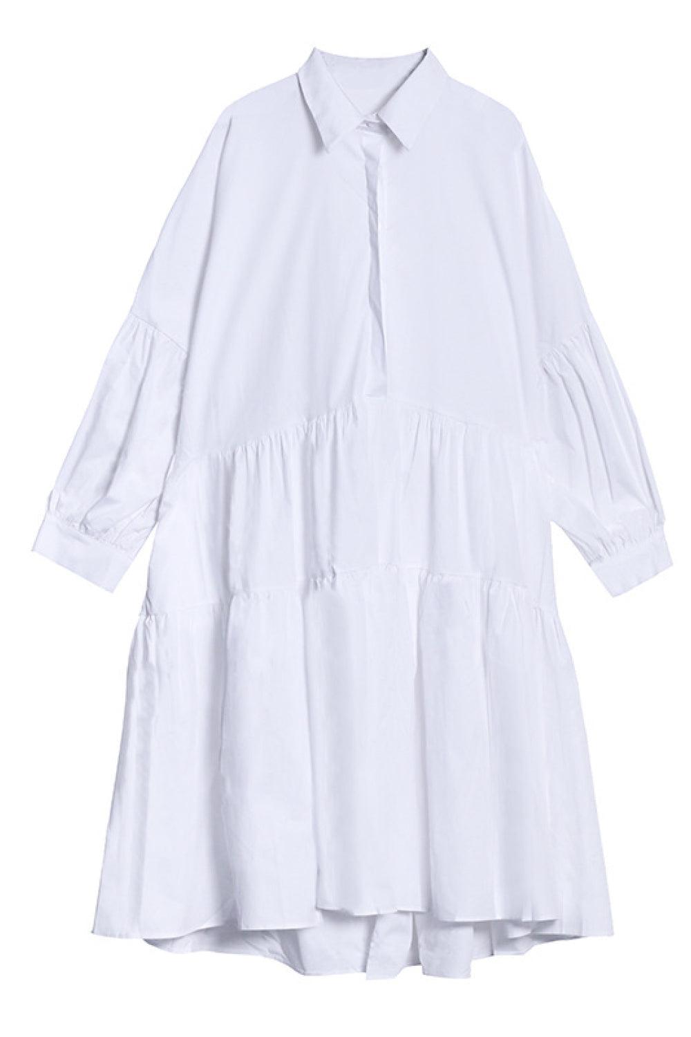 Bubble Sleeve Tiered Midi Shirt Dress-TOPS / DRESSES-[Adult]-[Female]-Blue Zone Planet