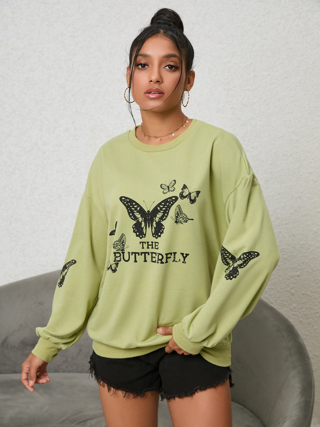 Butterfly Graphic Drop Shoulder Sweatshirt BLUE ZONE PLANET