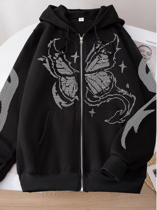 Butterfly Graphic Hooded Jacket-TOPS / DRESSES-[Adult]-[Female]-Black-S-2022 Online Blue Zone Planet