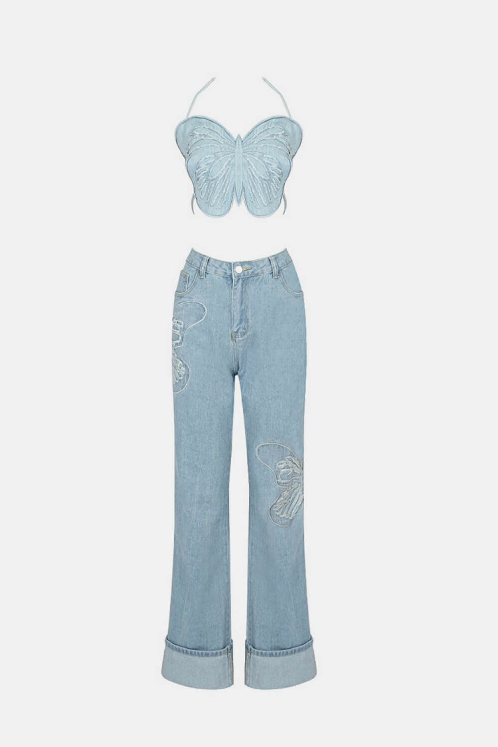 Butterfly Halter Neck Denim Top and Jeans Set BLUE ZONE PLANET