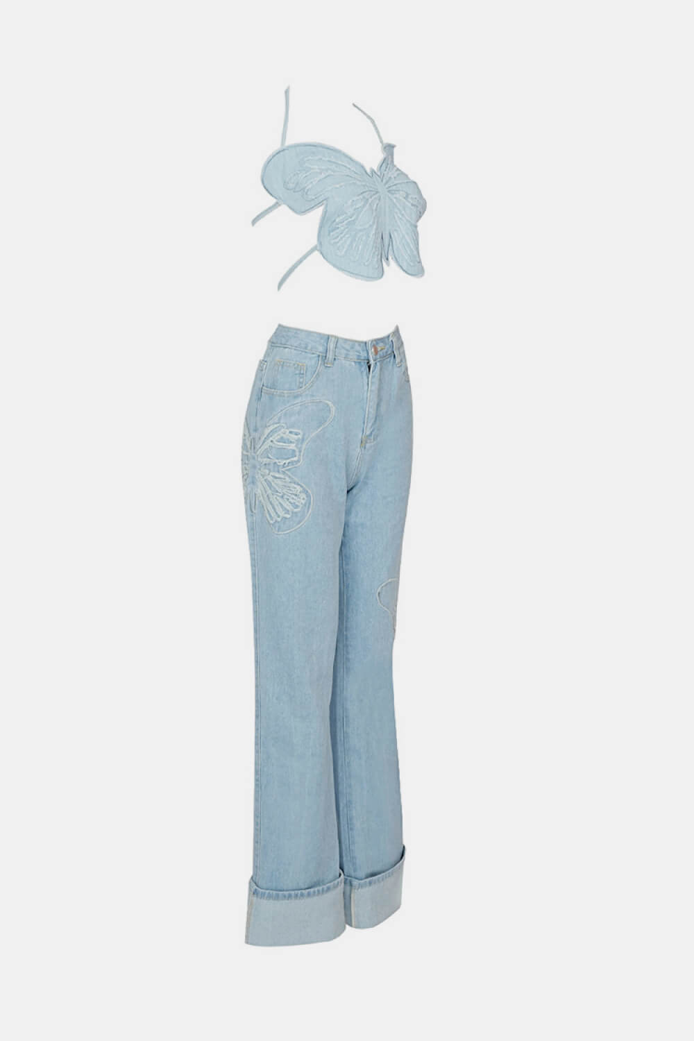 Butterfly Halter Neck Denim Top and Jeans Set BLUE ZONE PLANET
