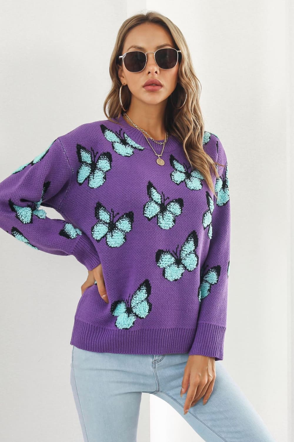 Butterfly Pattern Round Neck Dropped Shoulder Sweater BLUE ZONE PLANET