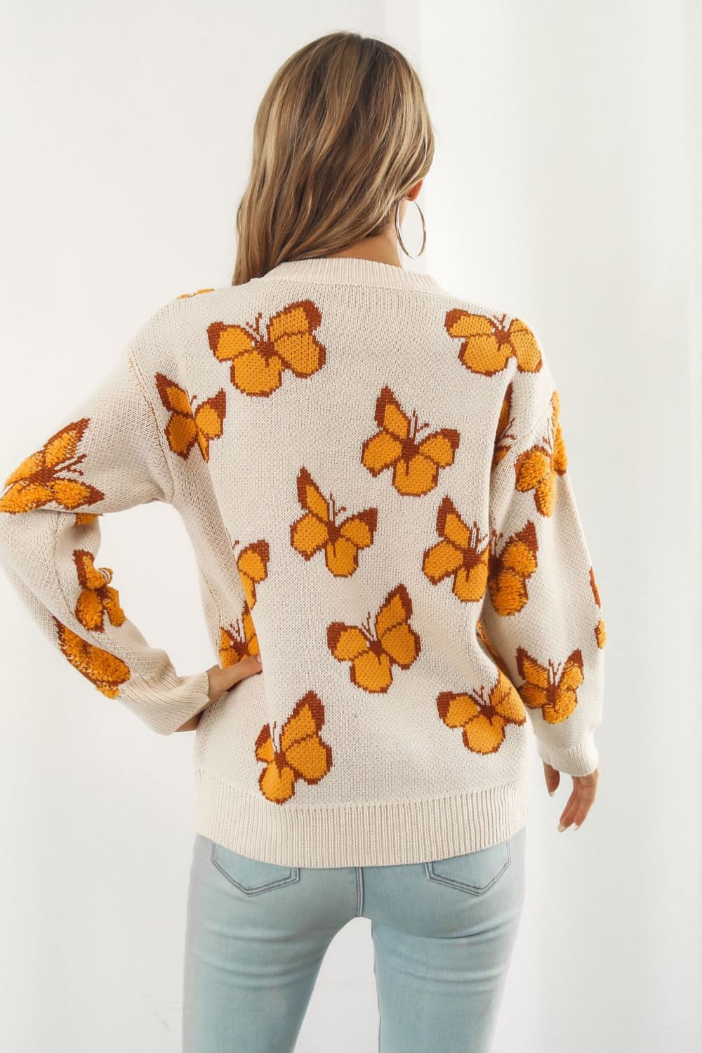 Butterfly Pattern Round Neck Dropped Shoulder Sweater BLUE ZONE PLANET