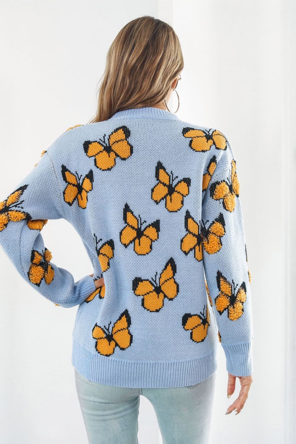 Butterfly Pattern Round Neck Dropped Shoulder Sweater BLUE ZONE PLANET