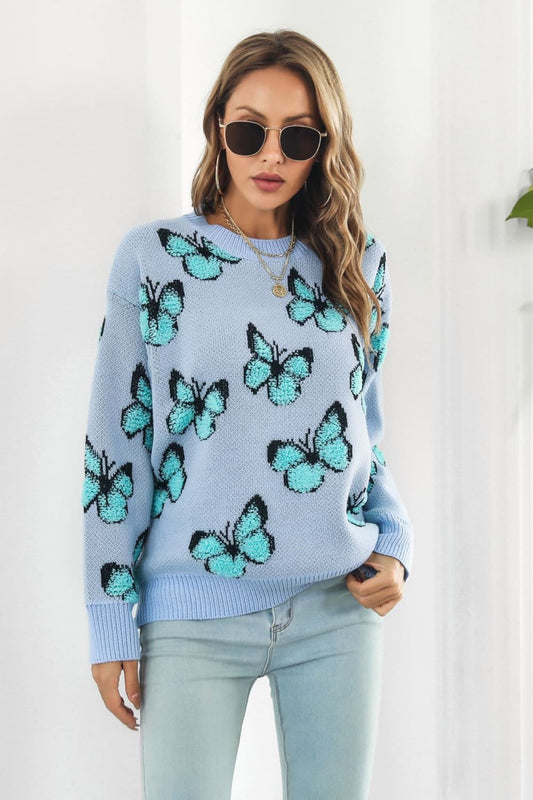 Butterfly Pattern Round Neck Dropped Shoulder Sweater BLUE ZONE PLANET