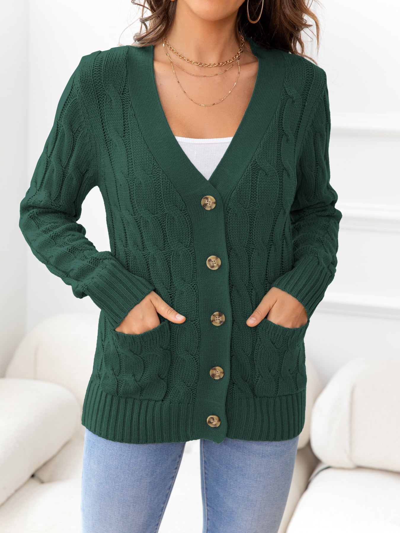 Button Down Cable-Knit Cardigan BLUE ZONE PLANET