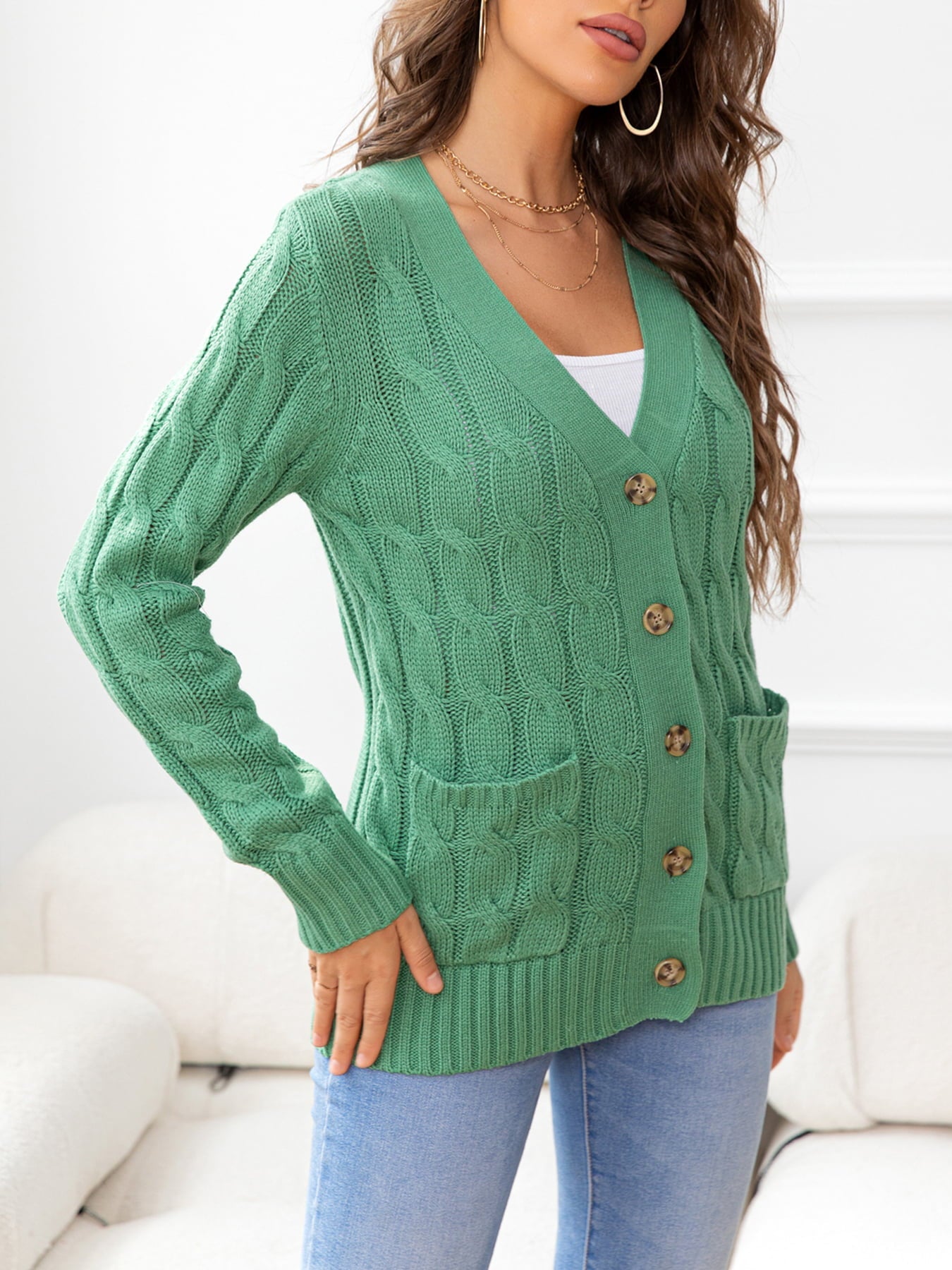 Button Down Cable-Knit Cardigan BLUE ZONE PLANET