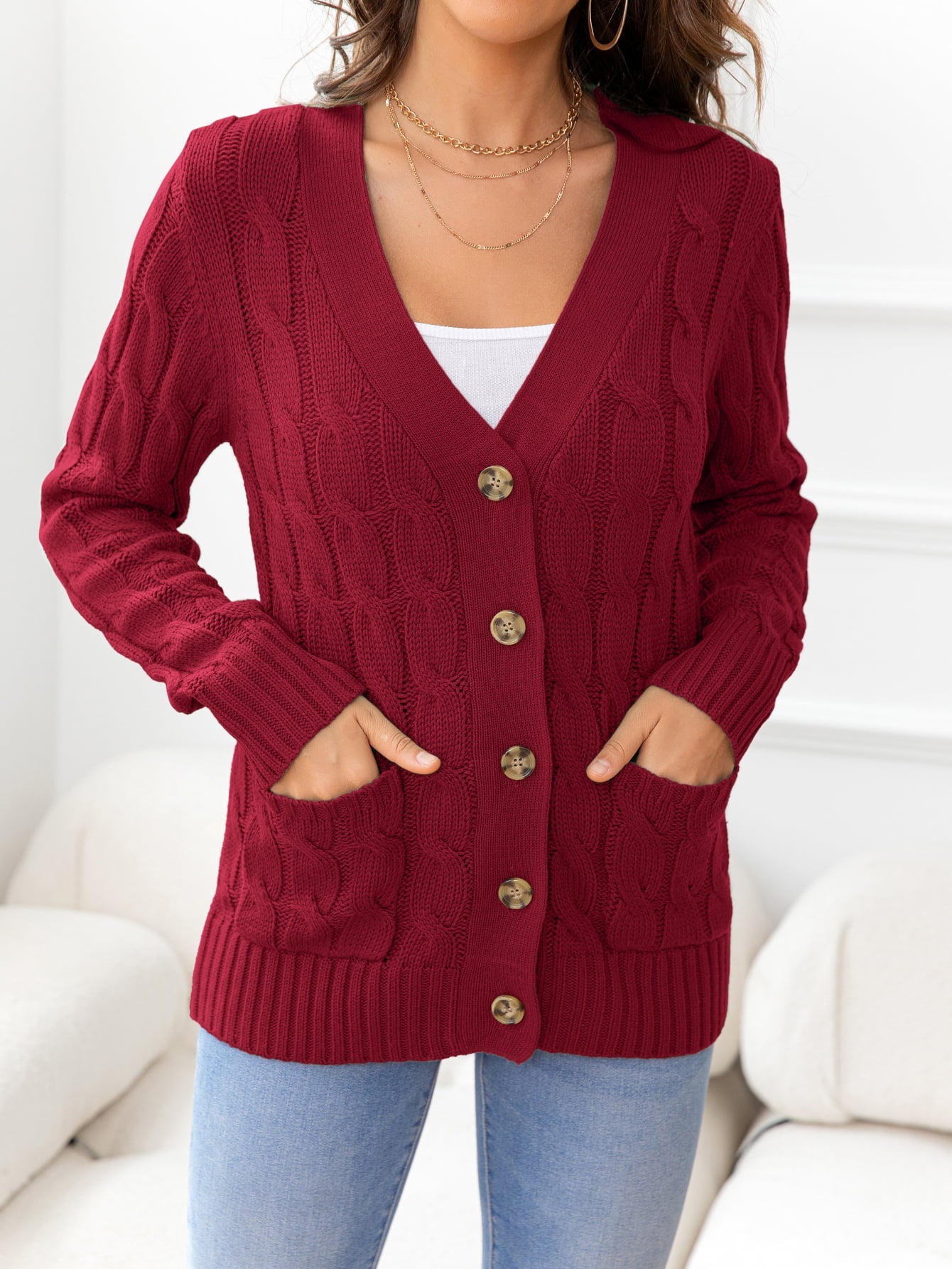 Button Down Cable-Knit Cardigan BLUE ZONE PLANET