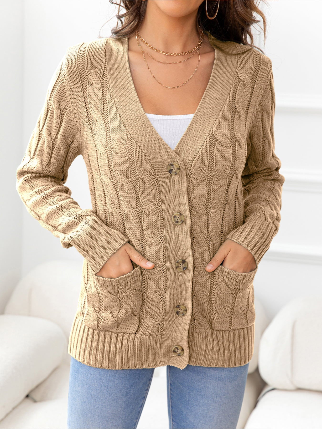 Button Down Cable-Knit Cardigan BLUE ZONE PLANET