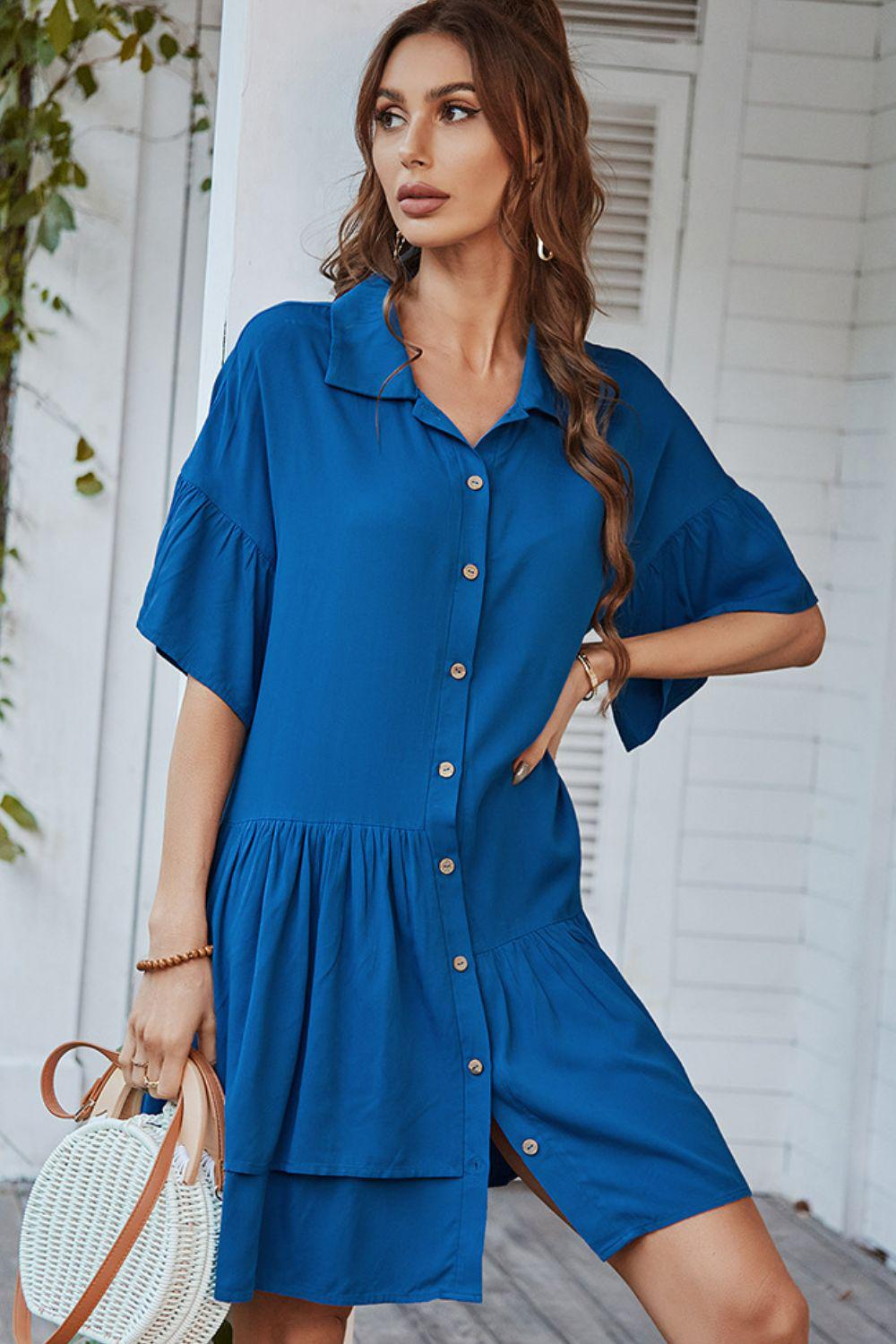 Button Down Collared Mini Dress BLUE ZONE PLANET