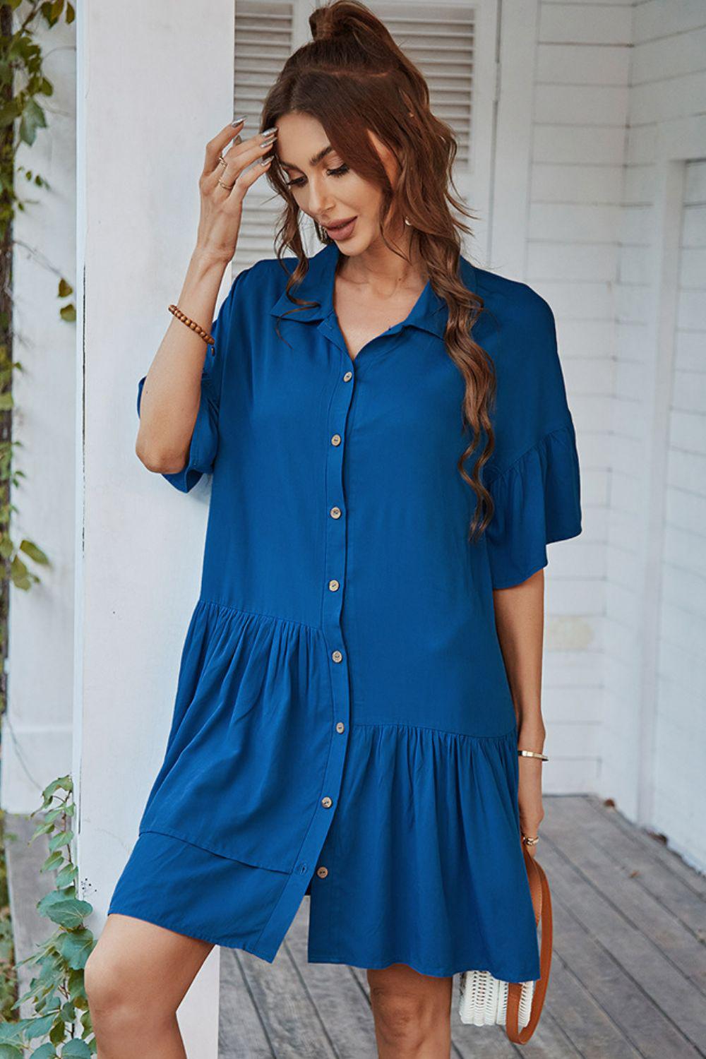 Button Down Collared Mini Dress BLUE ZONE PLANET