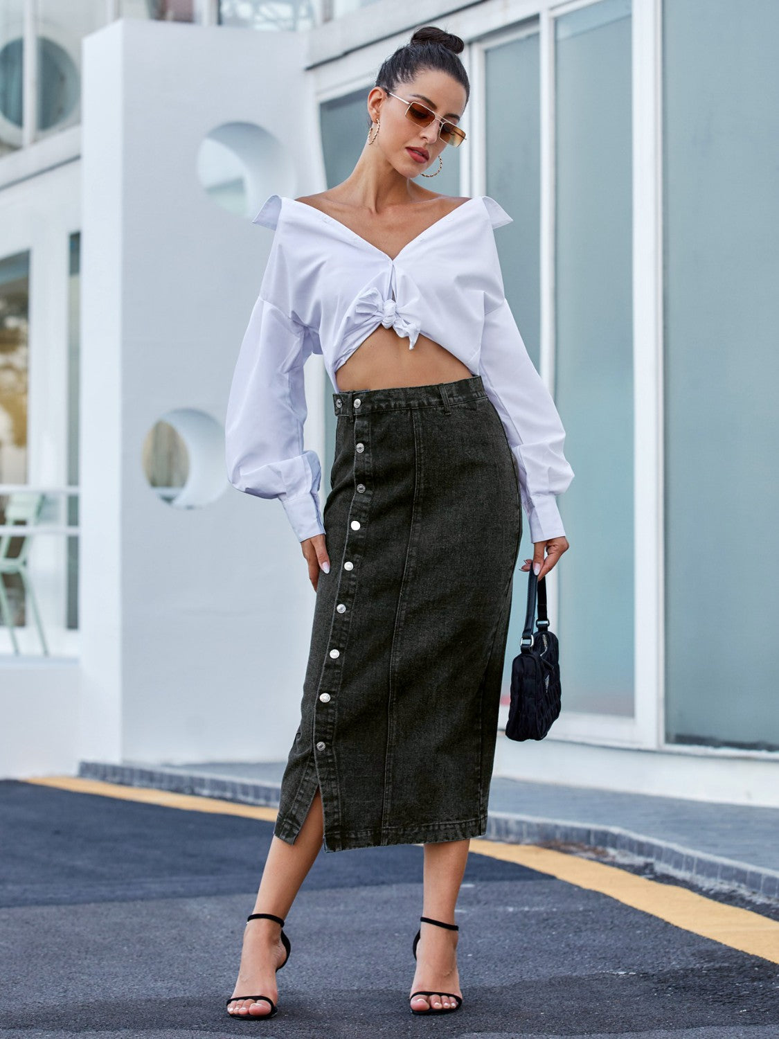 Button Down Denim Skirt BLUE ZONE PLANET