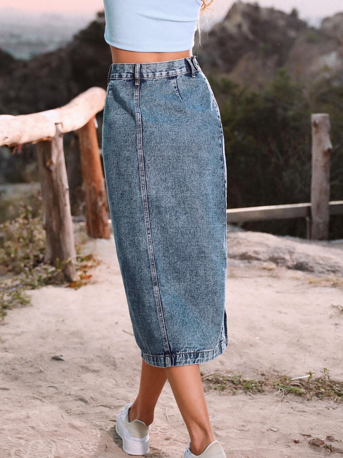 Button Down Denim Skirt BLUE ZONE PLANET