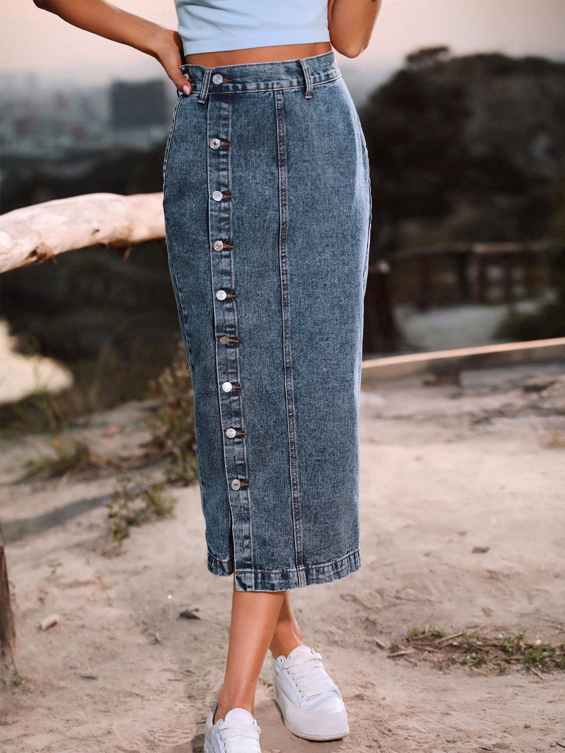 Button Down Denim Skirt BLUE ZONE PLANET