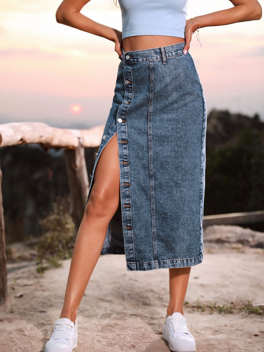 Button Down Denim Skirt BLUE ZONE PLANET