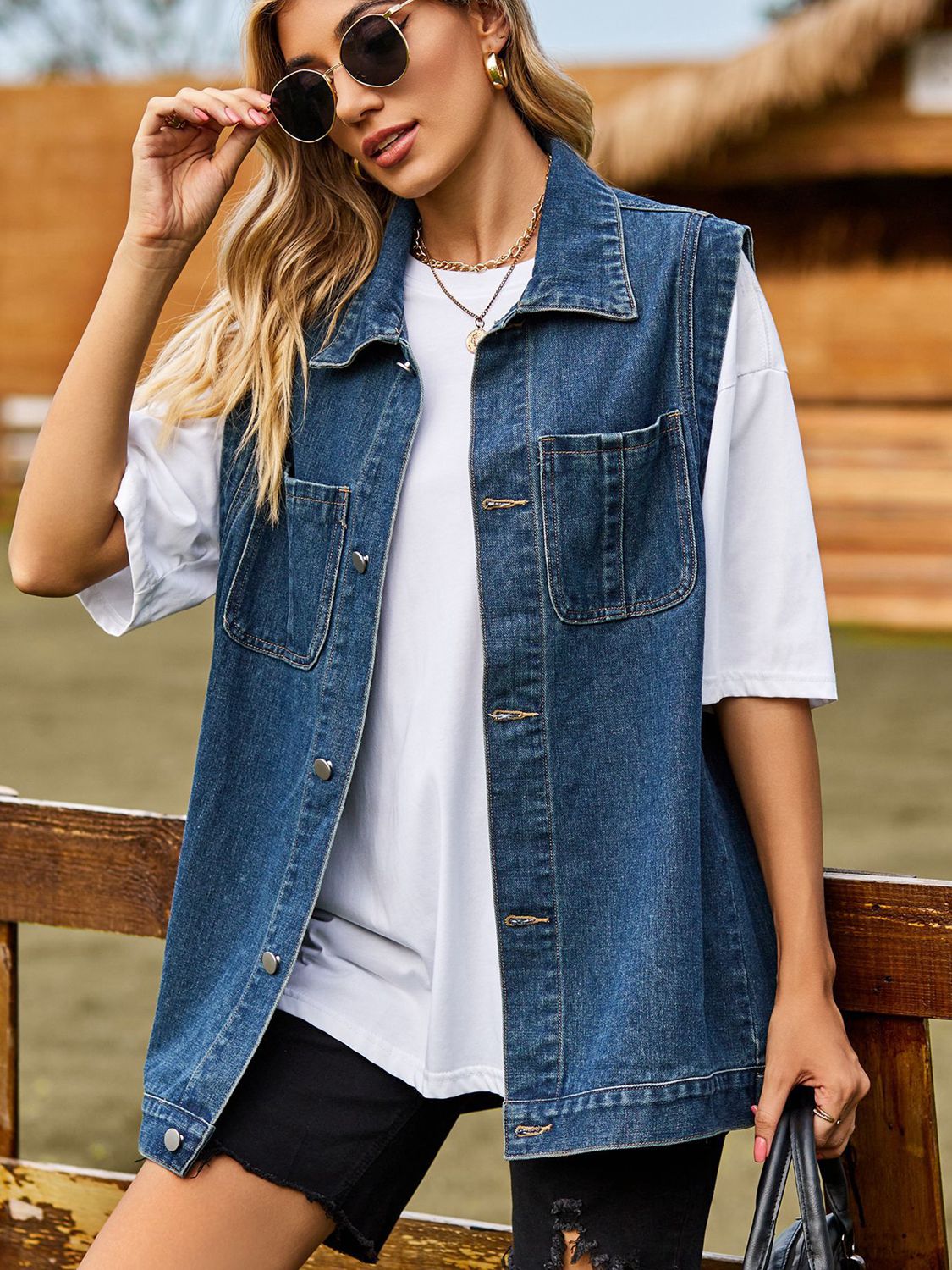 Button Down Denim Vest BLUE ZONE PLANET