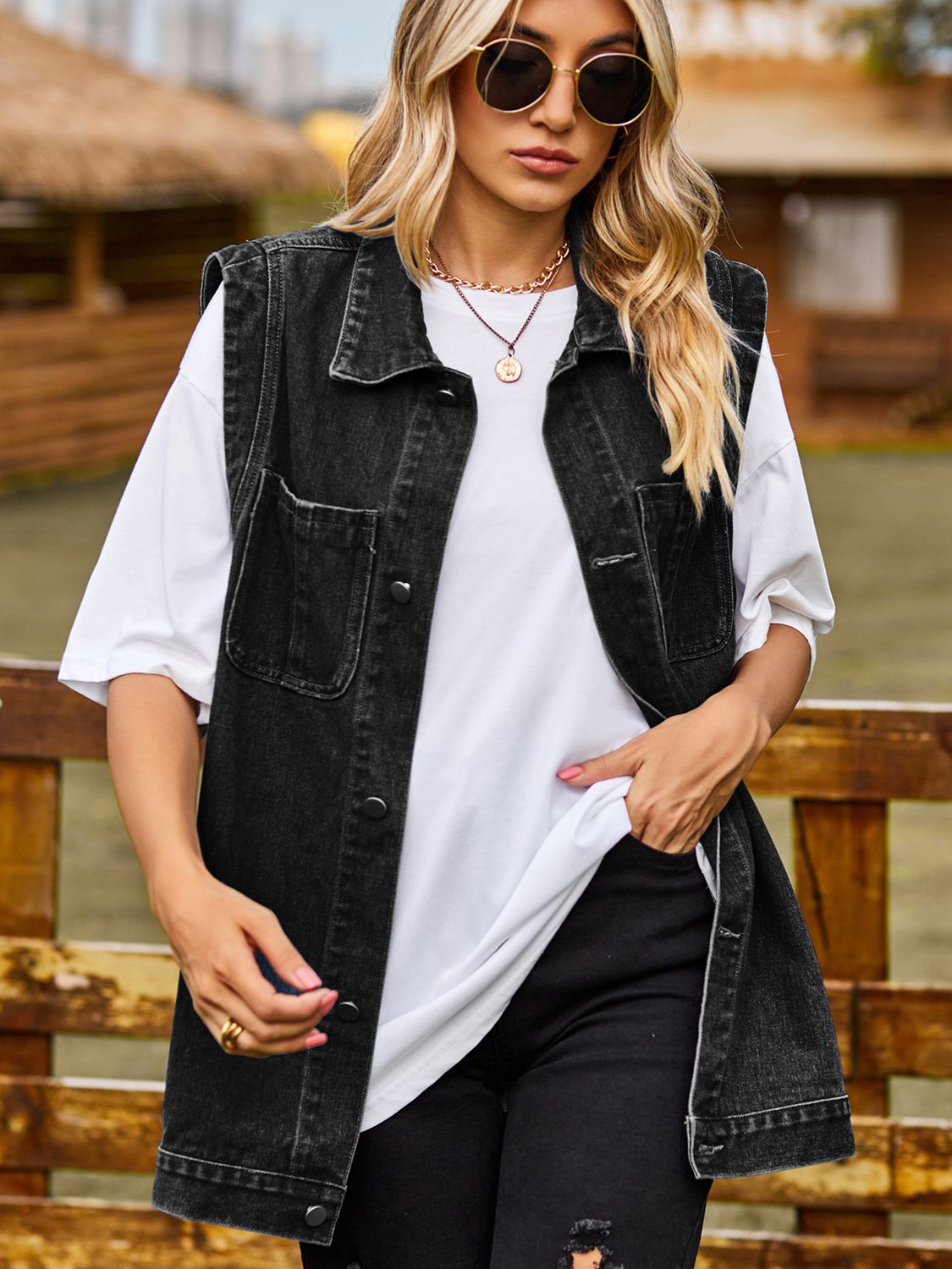 Button Down Denim Vest BLUE ZONE PLANET