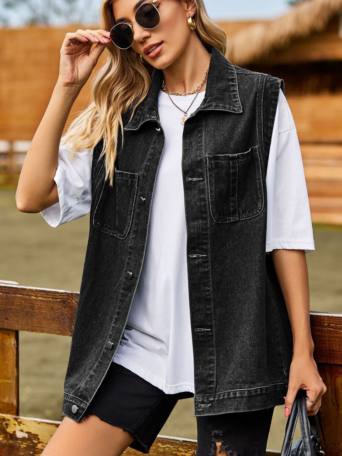 Button Down Denim Vest BLUE ZONE PLANET