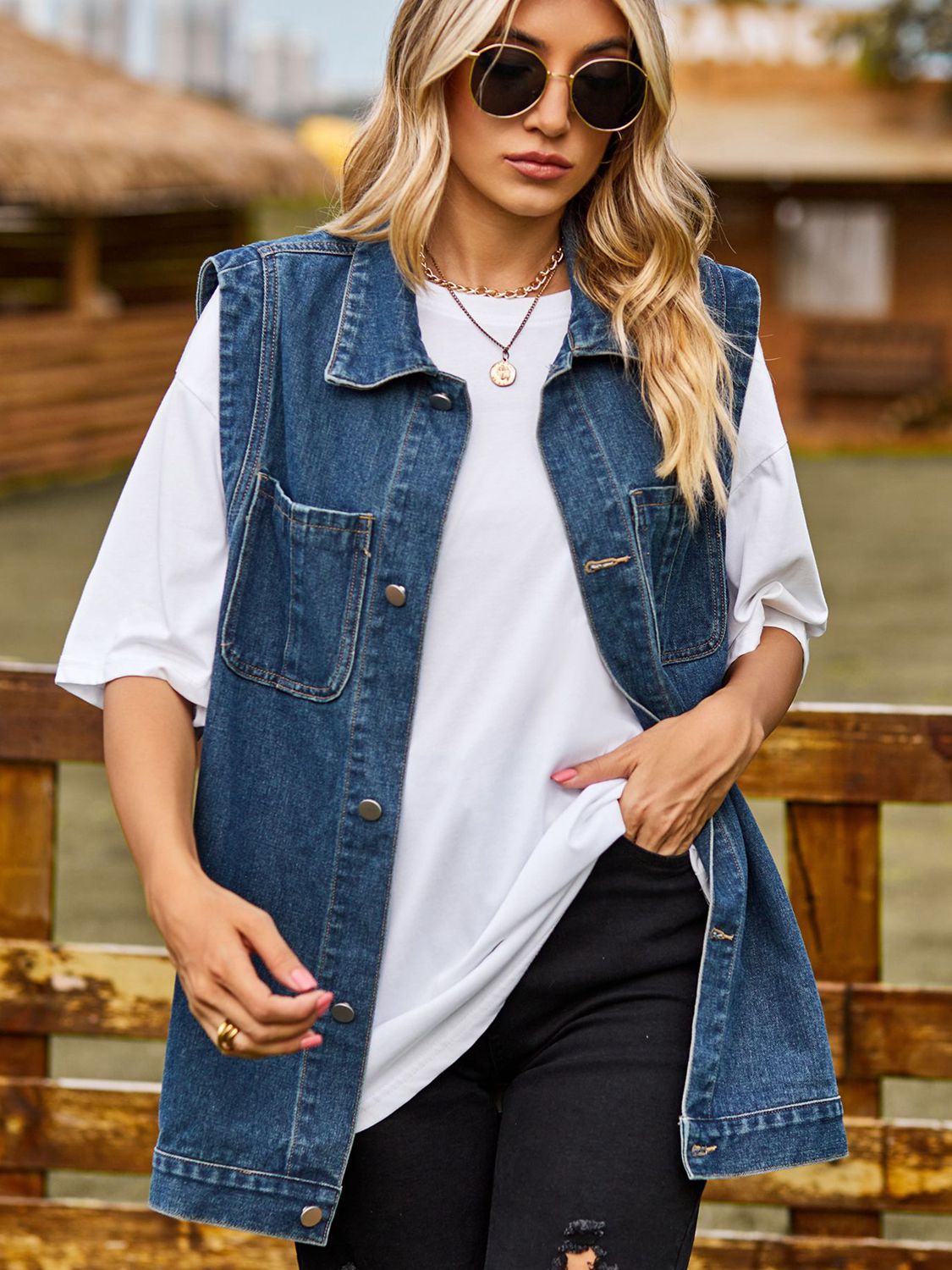 Button Down Denim Vest BLUE ZONE PLANET