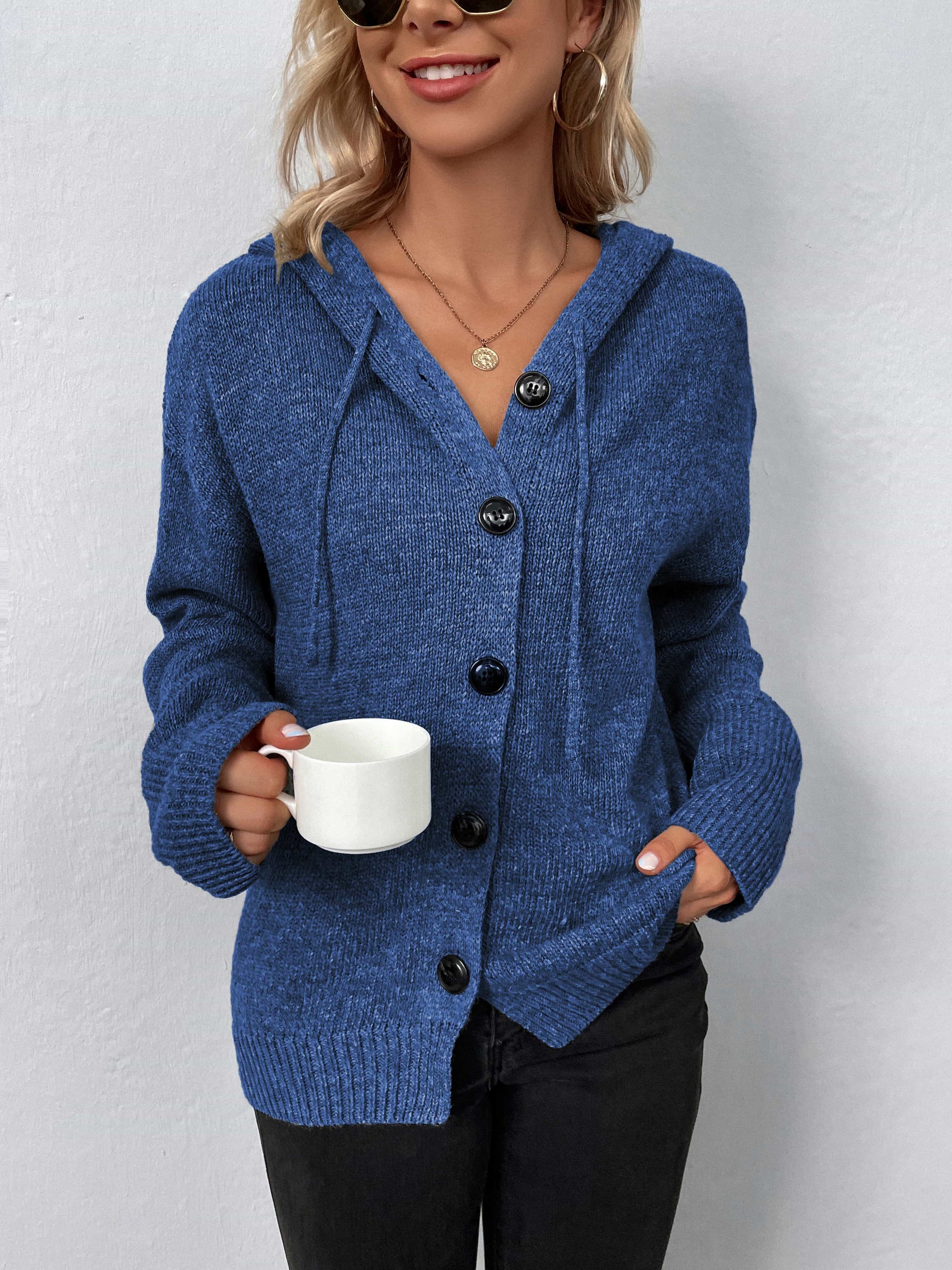 Button-Down Long Sleeve Hooded Sweater BLUE ZONE PLANET