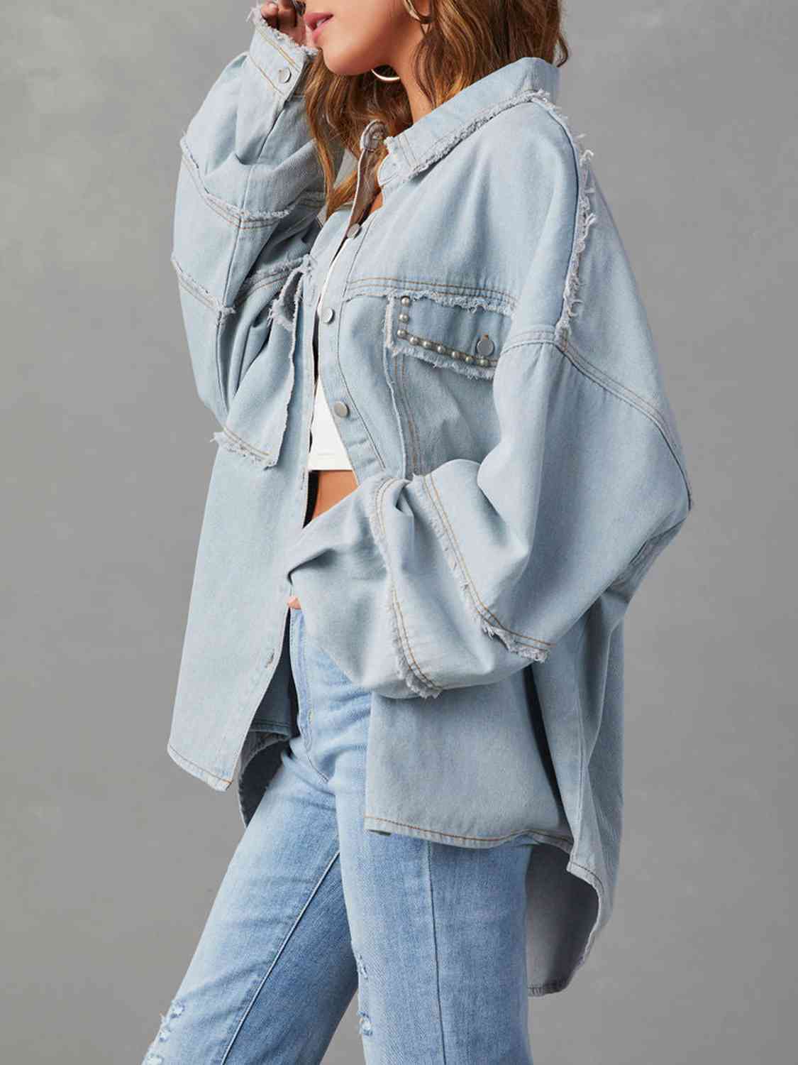 Button Down Raw Hem Denim Jacket BLUE ZONE PLANET