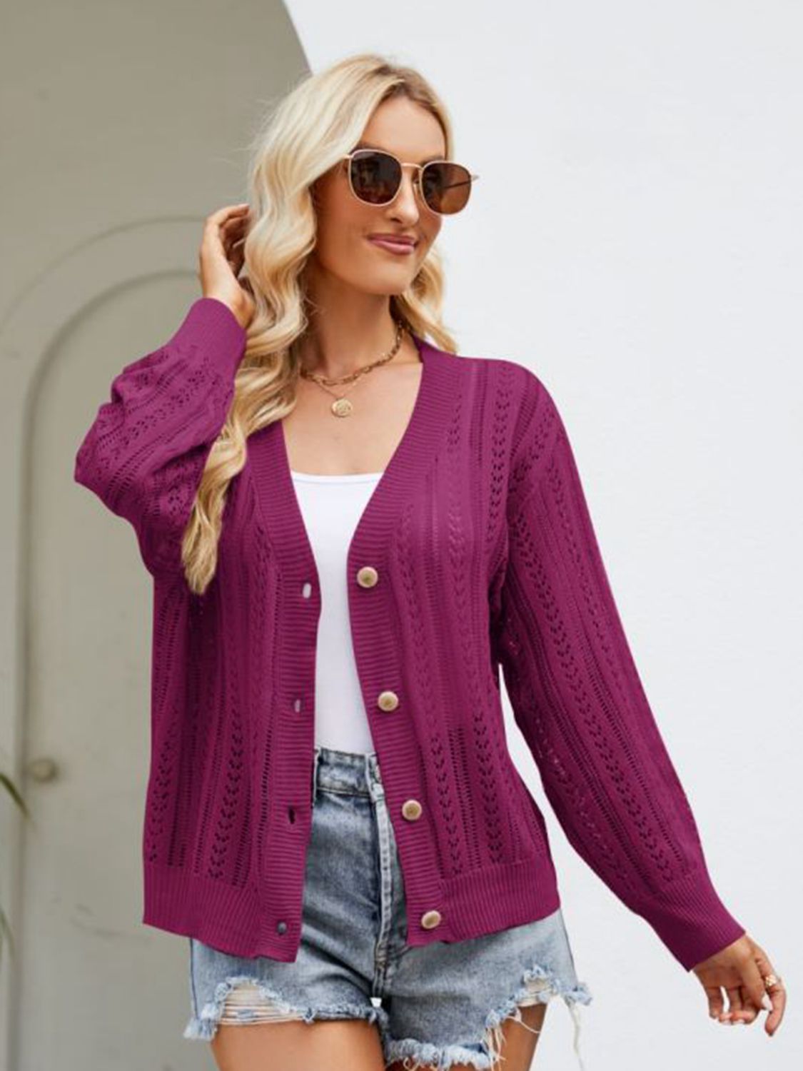 Button Down Ribbed Trim Cardigan BLUE ZONE PLANET