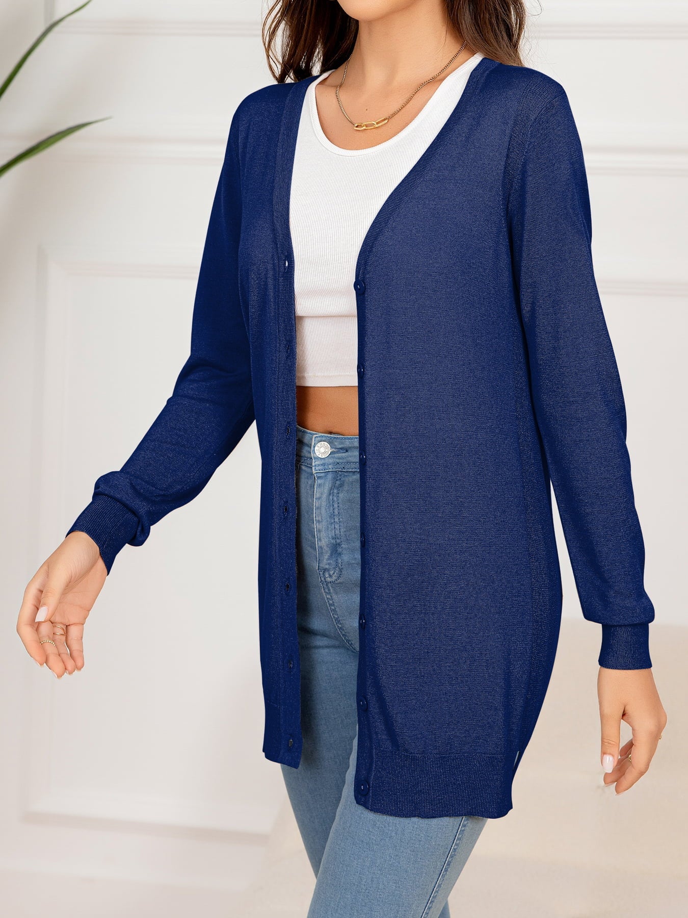 Button Down Slit Longline Cardigan BLUE ZONE PLANET