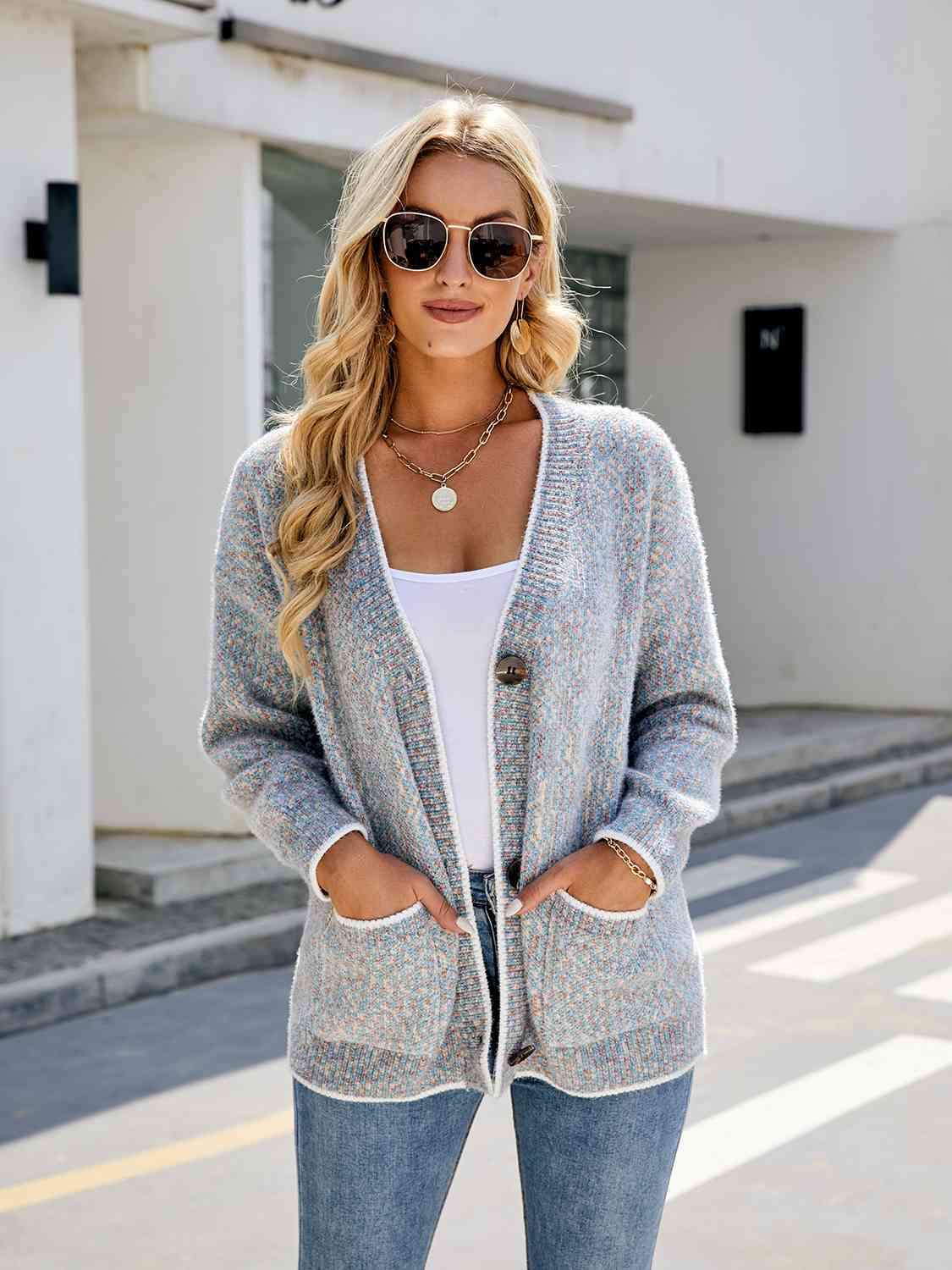 Button Down V-Neck Cardigan with Pockets BLUE ZONE PLANET