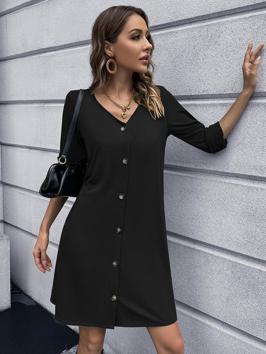 Button Down V-Neck Mini Dress BLUE ZONE PLANET