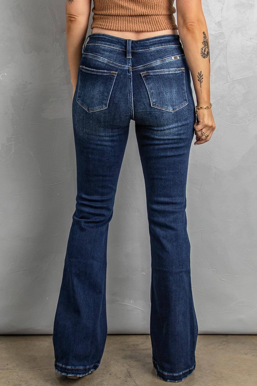 Button Fly Distressed Bootcut Jeans BLUE ZONE PLANET