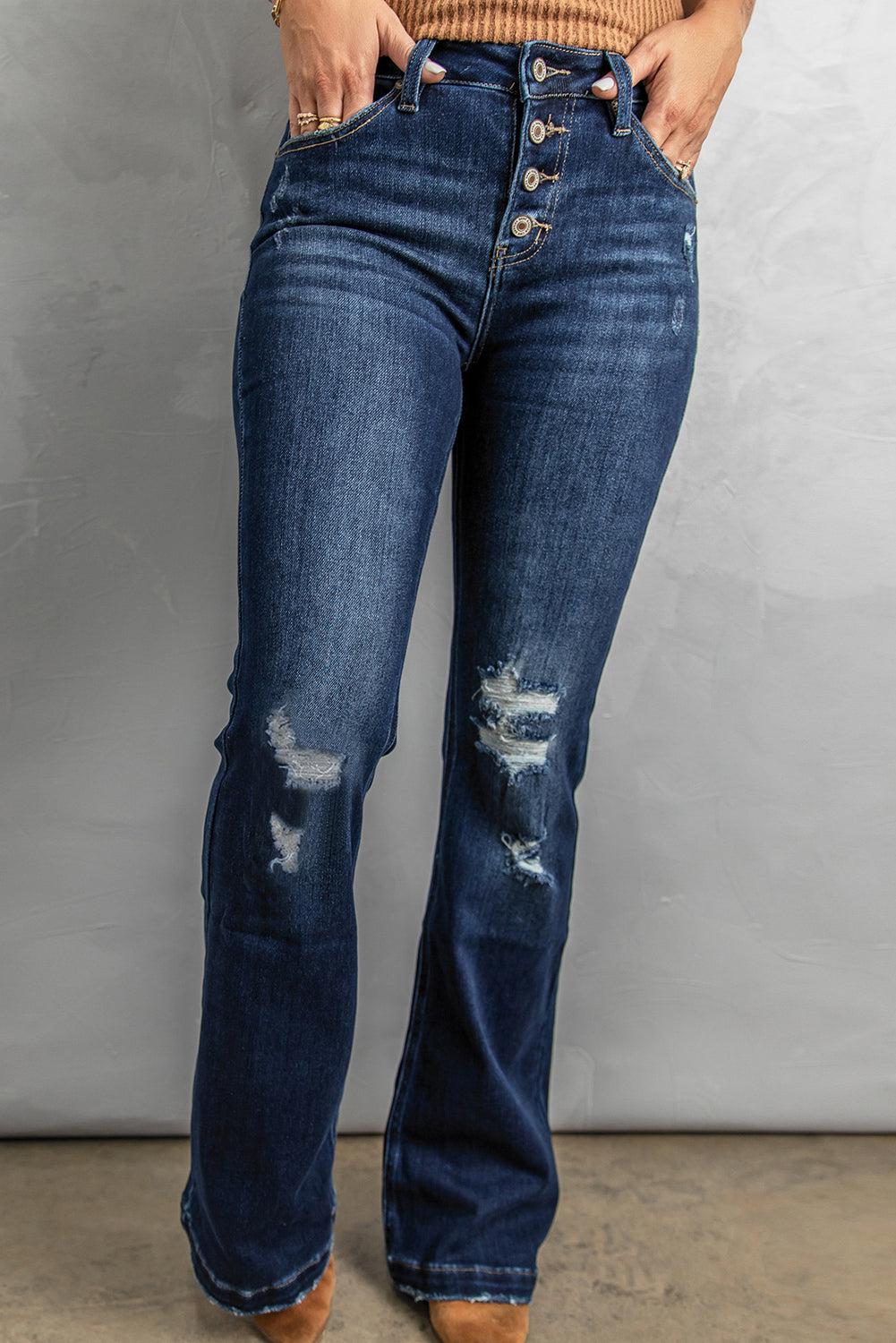 Button Fly Distressed Bootcut Jeans BLUE ZONE PLANET