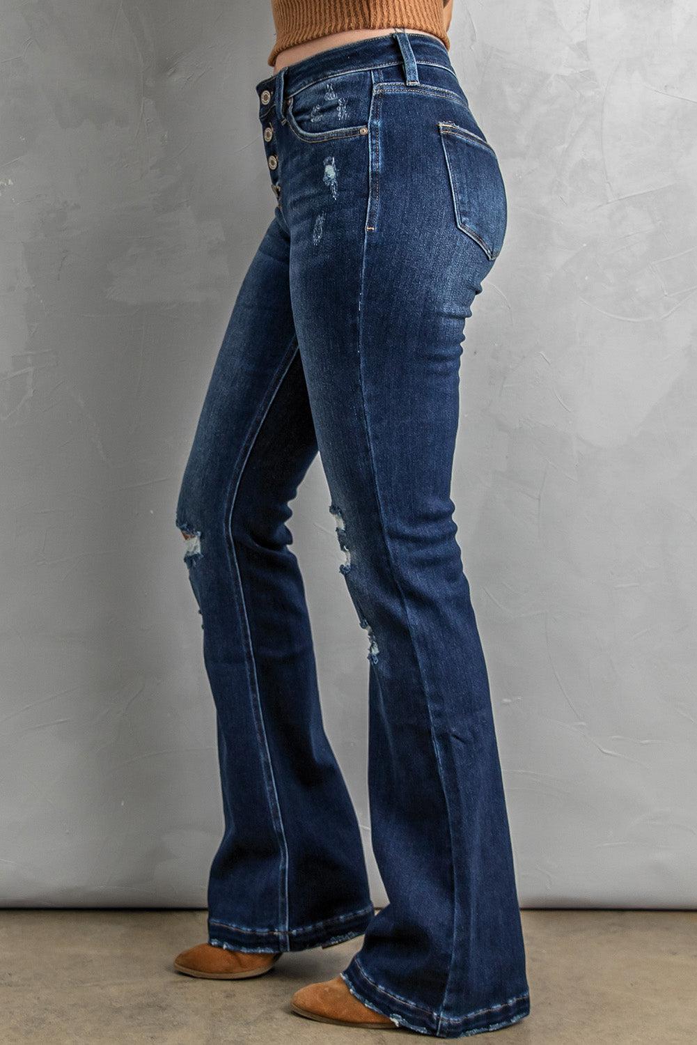 Button Fly Distressed Bootcut Jeans BLUE ZONE PLANET